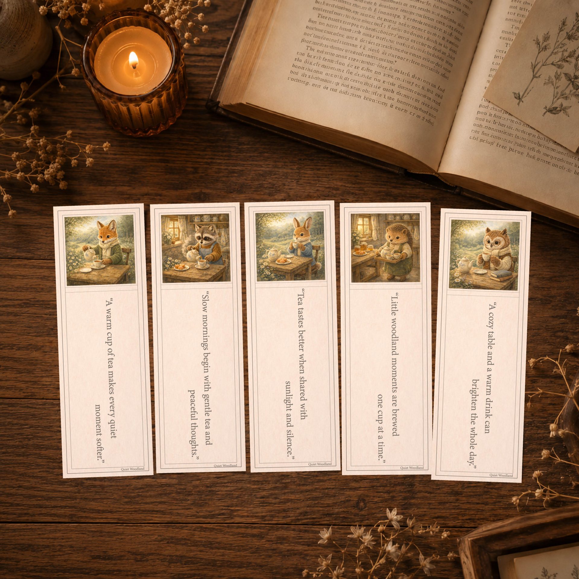 Printable Woodland Tea Time Bookmarks Cottagecore Set 3 Quiet Woodland printable tea time bookmarks beside candlelight and open book in cozy reading atmosphere