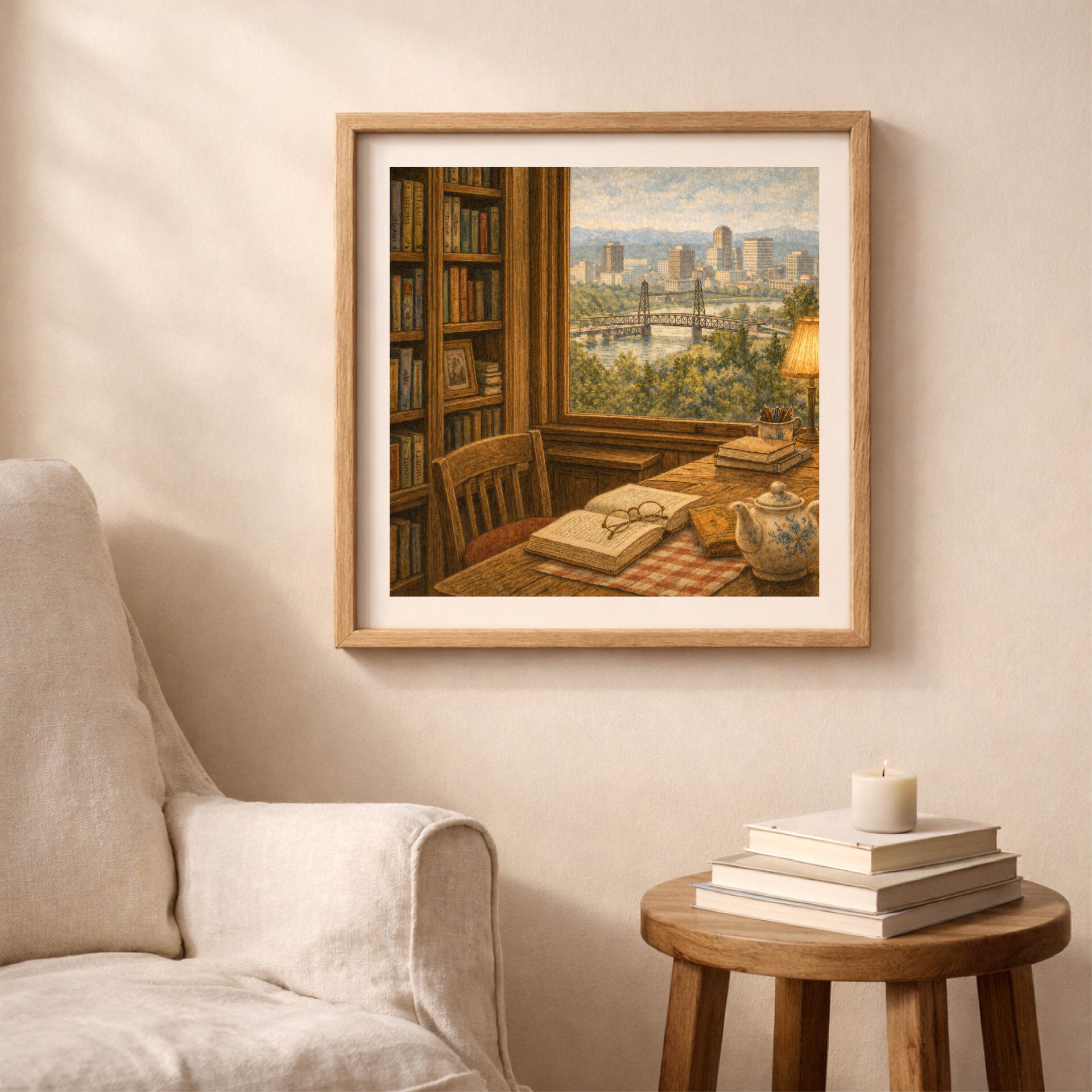Woodland Portland Wall Art Printable Cozy Reading Decor 3 Portland skyline printable wall art in soft cozy living room