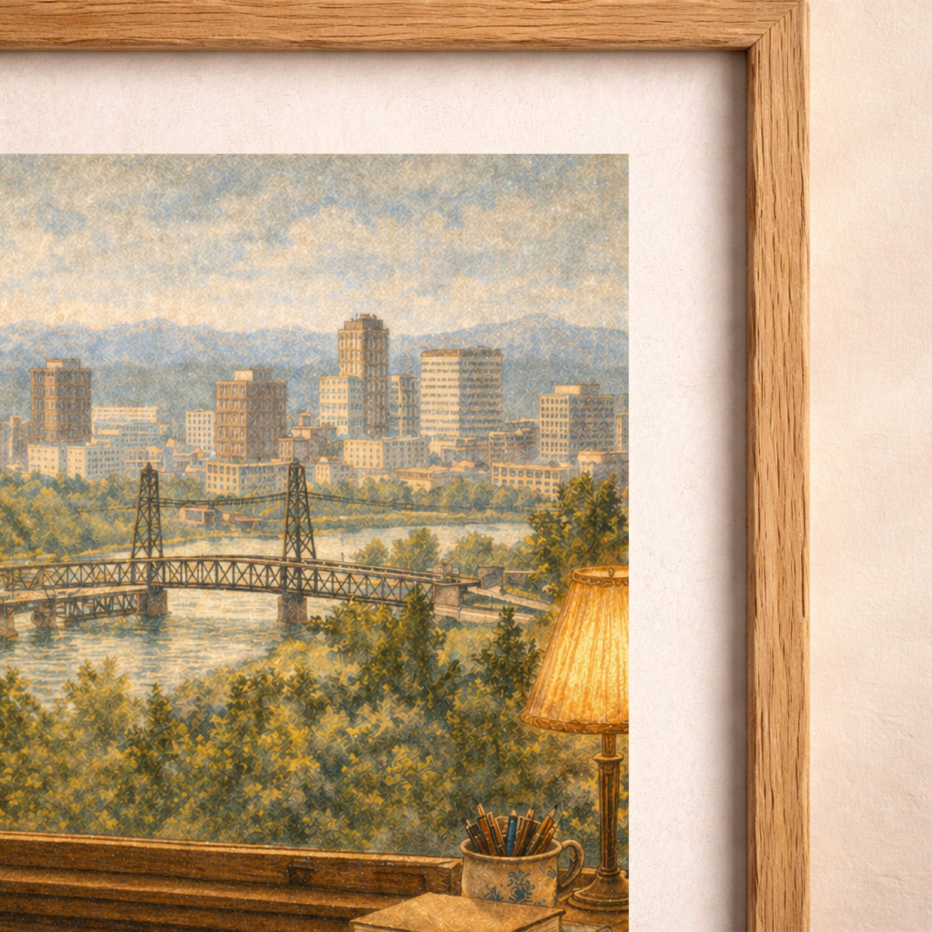 Woodland Portland Wall Art Printable Cozy Reading Decor 4 Close-up detail of Portland skyline printable illustration with bridge view