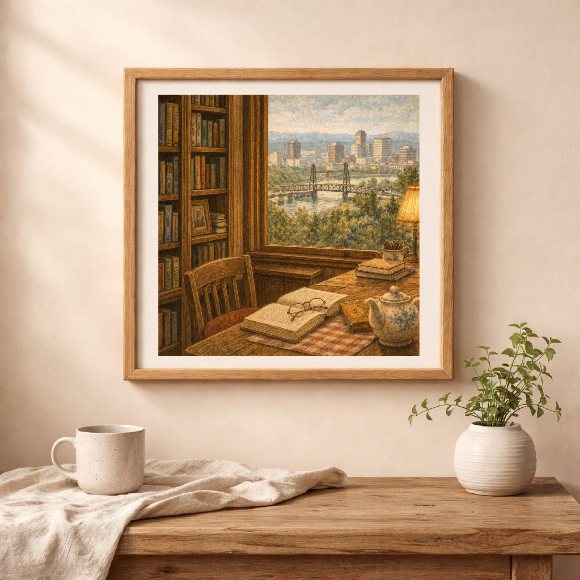 Woodland Portland Wall Art Printable Cozy Reading Decor 2 Portland printable wall art displayed in cozy neutral home interior
