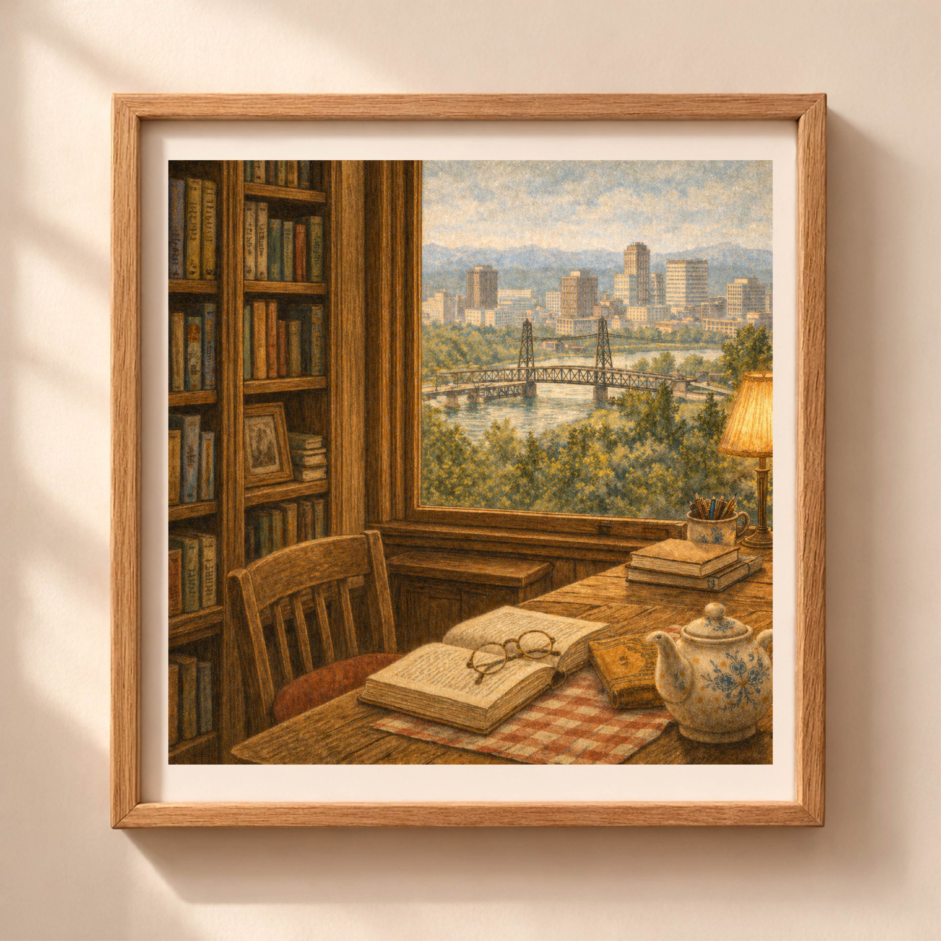 Woodland Portland Wall Art Printable Cozy Reading Decor 1 Woodland Portland Wall Art Printable with cozy reading room and city skyline view