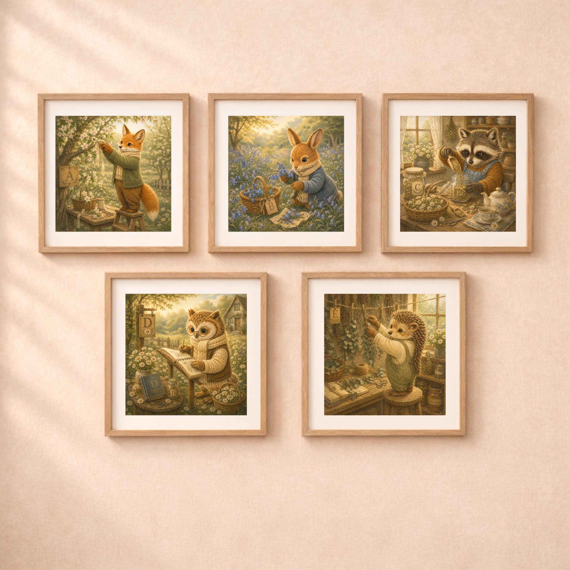 Woodland Animal Monogram Wall Art Printable Nursery Set 1 Quiet Woodland monogram wall art set featuring fox bunny raccoon owl and hedgehog printable nursery decor