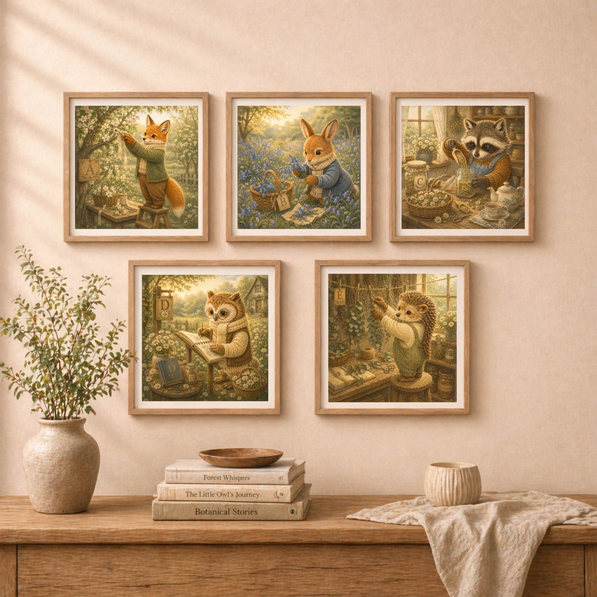 Woodland Animal Monogram Wall Art Printable Nursery Set 9 Quiet Woodland monogram printable wall art set displayed as cottagecore nursery gallery wall decor