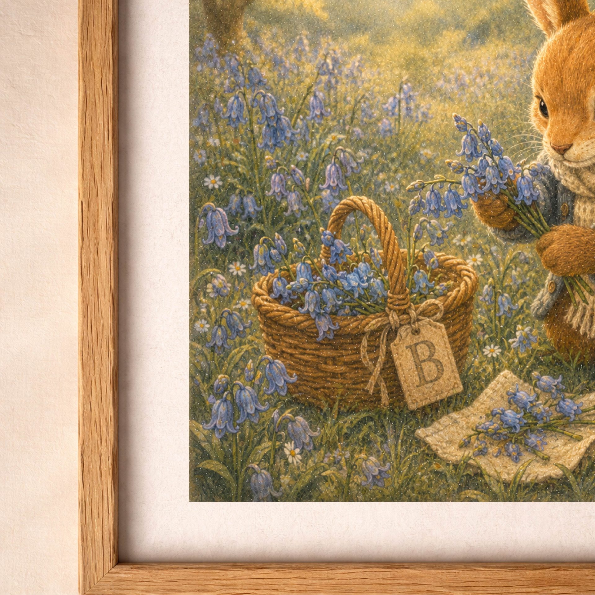 Woodland Animal Monogram Wall Art Printable Nursery Set 7 Woodland Bunny Monogram B botanical detail with bluebell flowers and wicker basket