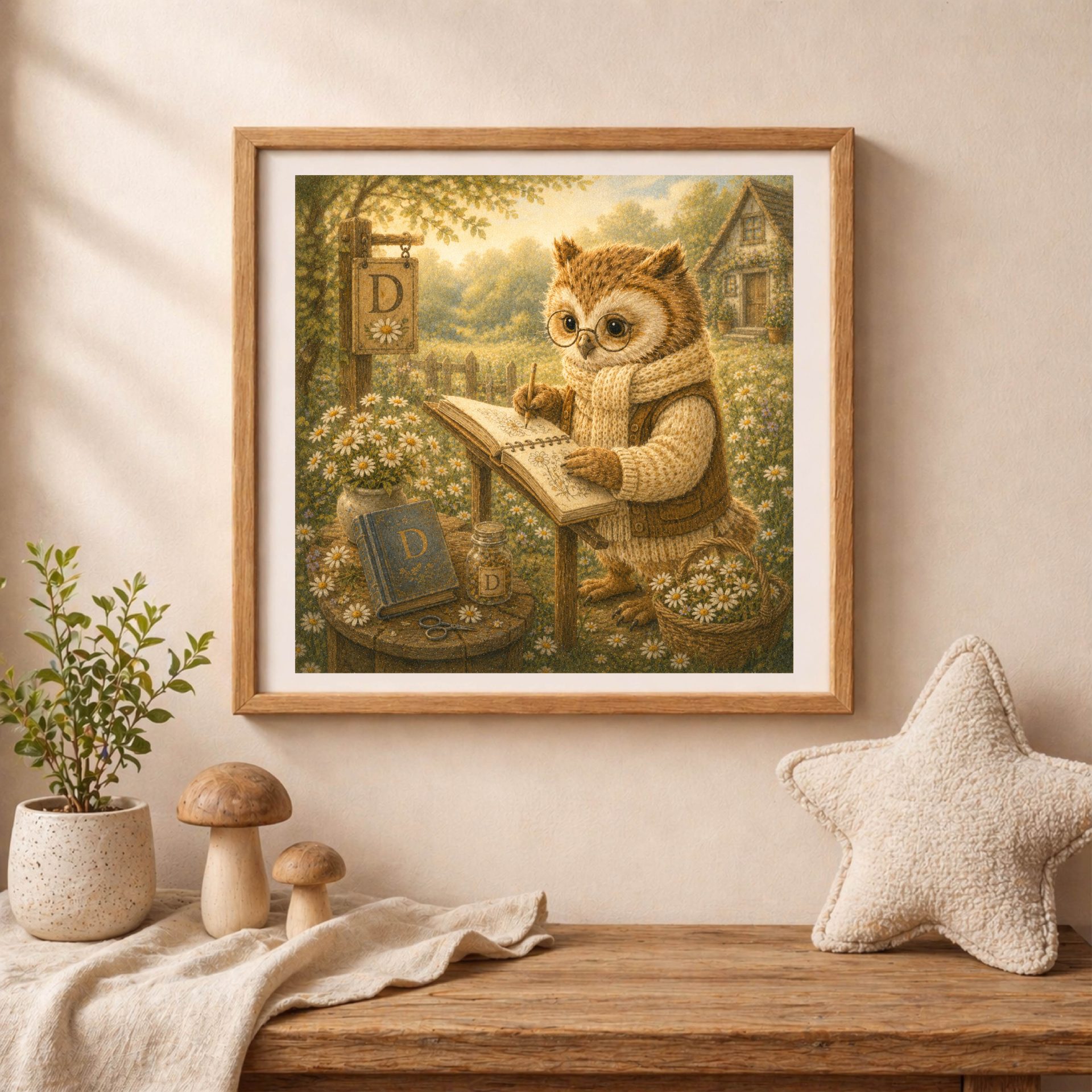 Woodland Animal Monogram Wall Art Printable Nursery Set 5 Woodland Owl Monogram D printable nursery wall art with floral sketchbook and cottagecore decor