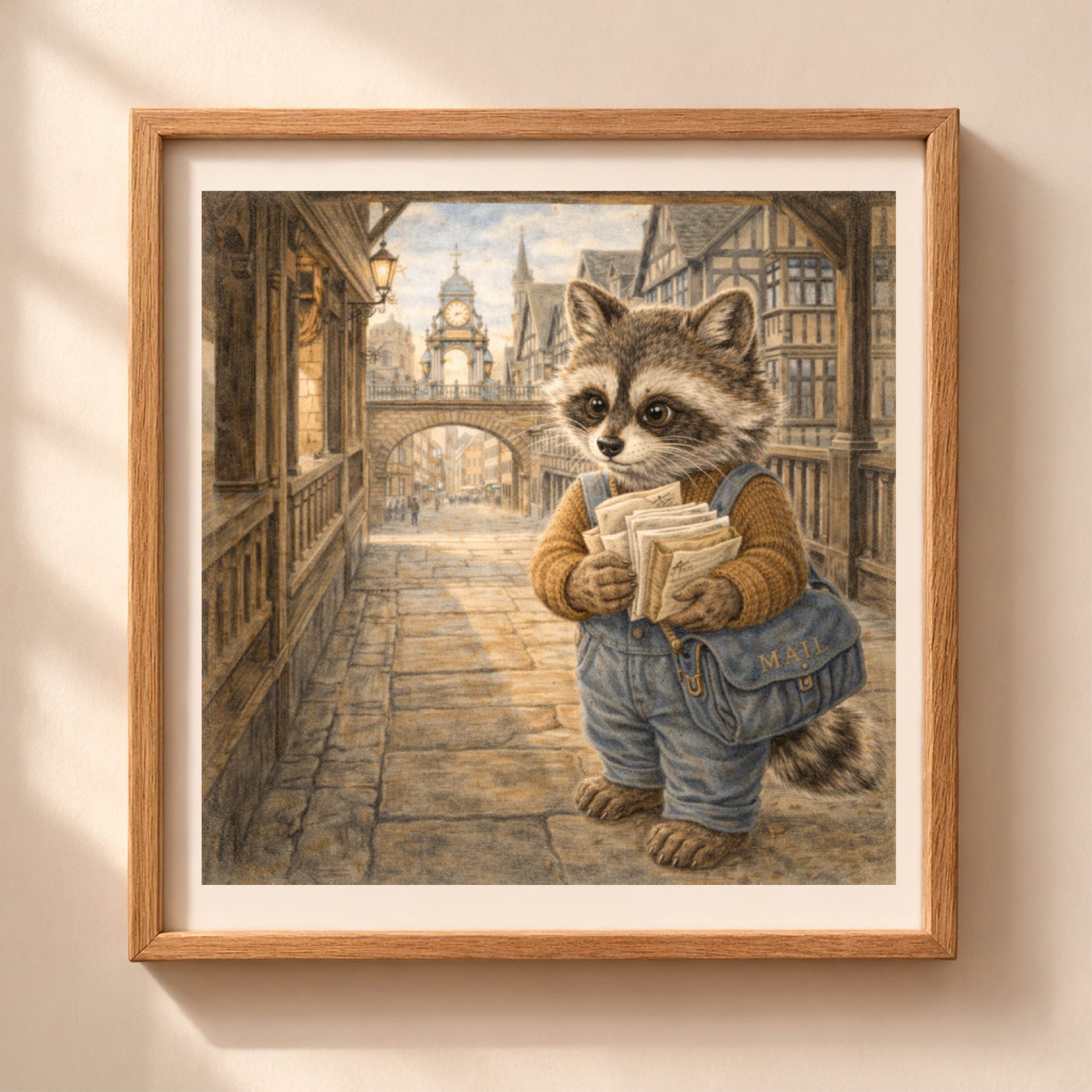 Raccoon Chester Printable Wall Art Woodland UK Travel Decor 1 Raccoon Chester printable wall art with woodland raccoon postman in historic British street cottagecore illustration