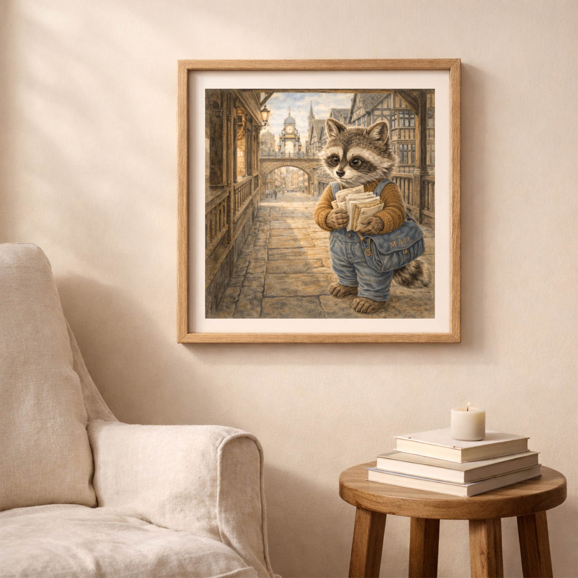 Raccoon Chester Printable Wall Art Woodland UK Travel Decor 3 Woodland raccoon printable wall art inspired by Chester displayed in cozy reading room