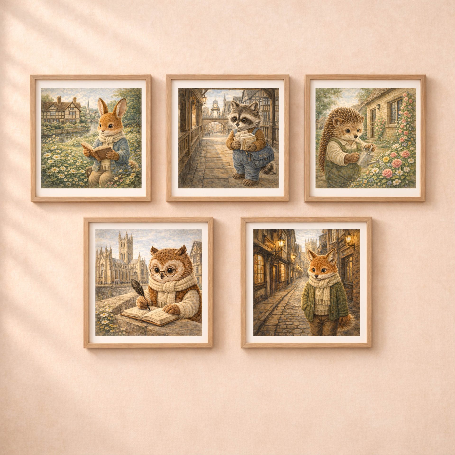 Raccoon Chester Printable Wall Art Woodland UK Travel Decor 6 Quiet Woodland UK travel wall art set with raccoon fox rabbit hedgehog and owl illustrations
