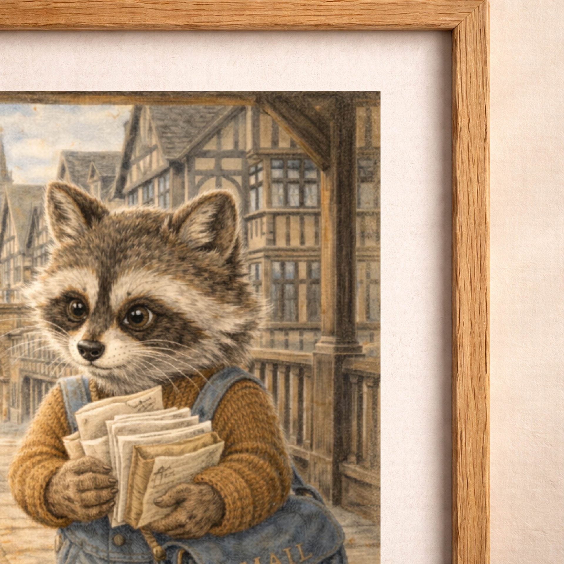 Raccoon Chester Printable Wall Art Woodland UK Travel Decor 4 Closeup detail of raccoon chester printable wall art with vintage painterly texture