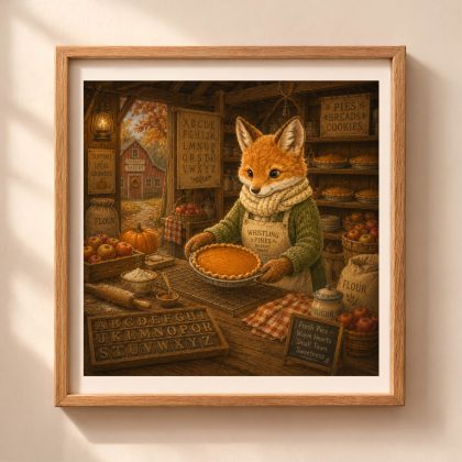 Woodland fox baker alphabet printable wall art in cozy American countryside bakery nursery decor