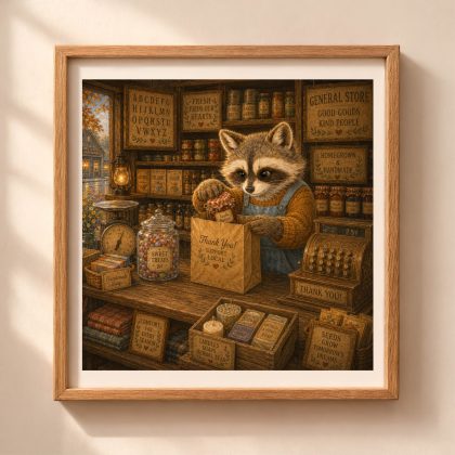 Woodland raccoon general store alphabet printable wall art in cozy American countryside shop