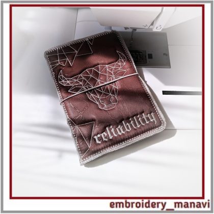 Taurus “Reliability” in the hoop quilted notebook cover design with geometric bull symbol, two sizes, one hooping, elastic closure opening, step by step instruction.