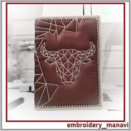 Taurus in the hoop passport cover with geometric bull embroidery, sewn in one hoop, hand digitized, step by step instruction and instant download for handmade gifts.
