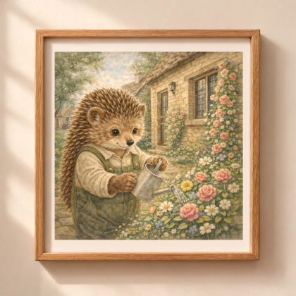 Woodland Hedgehog Cotswolds wall art printable with hedgehog watering flowers in English cottage garden
