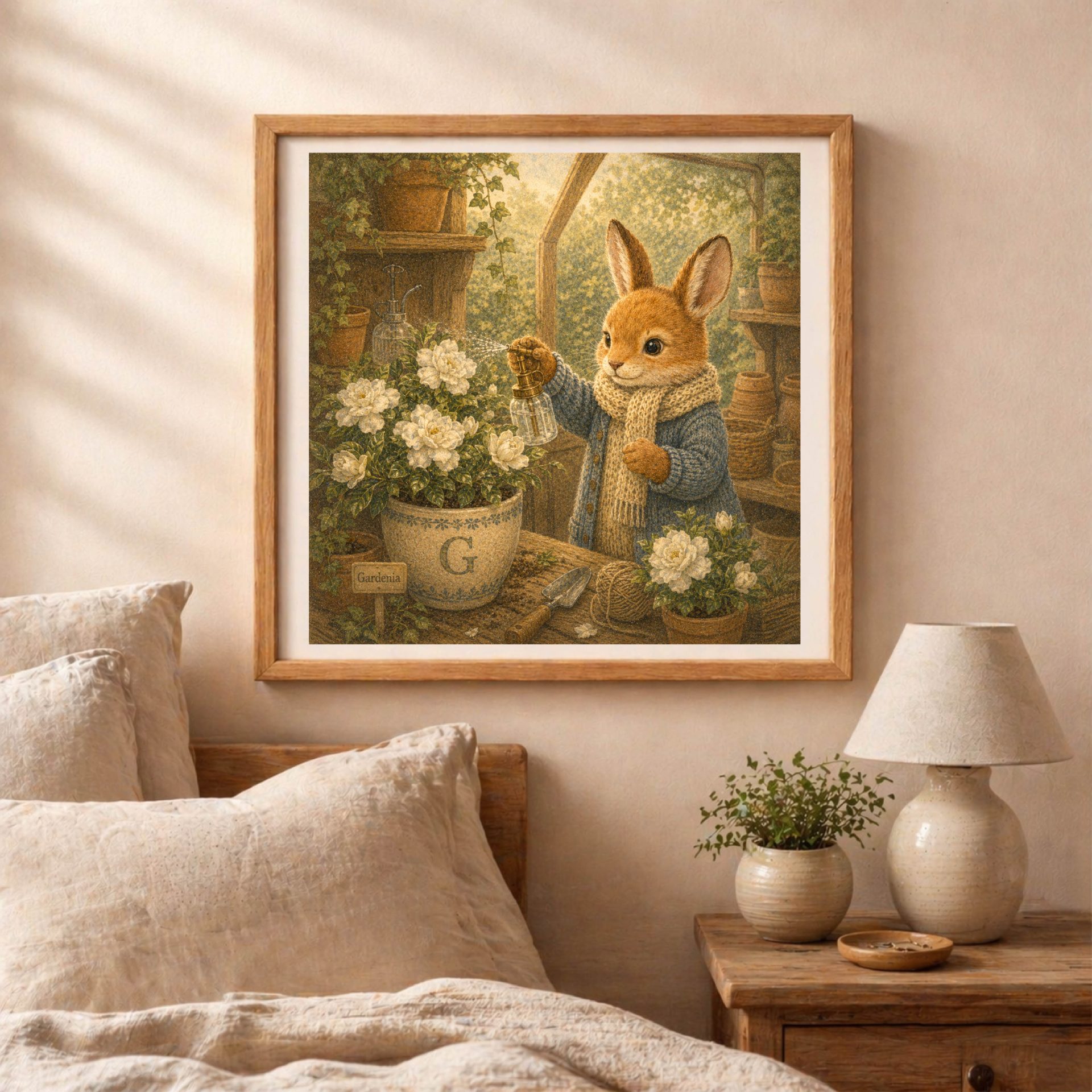 Woodland G Monogram Bunny Printable Wall Art 6 Woodland bunny printable wall art above bed in cozy cottagecore bedroom interior