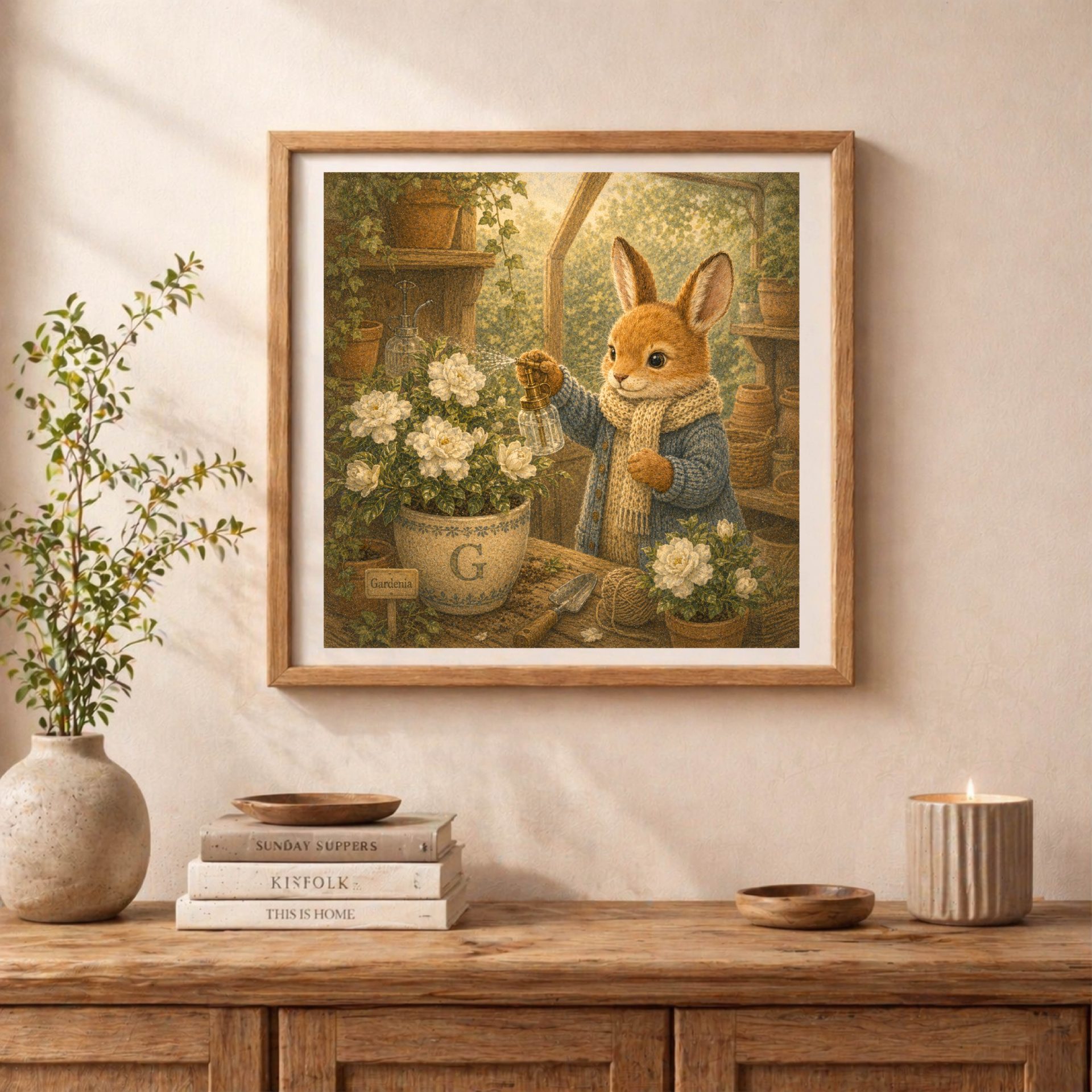 Woodland G Monogram Bunny Printable Wall Art 3 Cottagecore woodland bunny printable wall art with botanical greenhouse and gardenia flowers