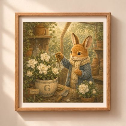 Woodland G monogram bunny printable wall art with gardenia flowers in greenhouse cottagecore nursery decor