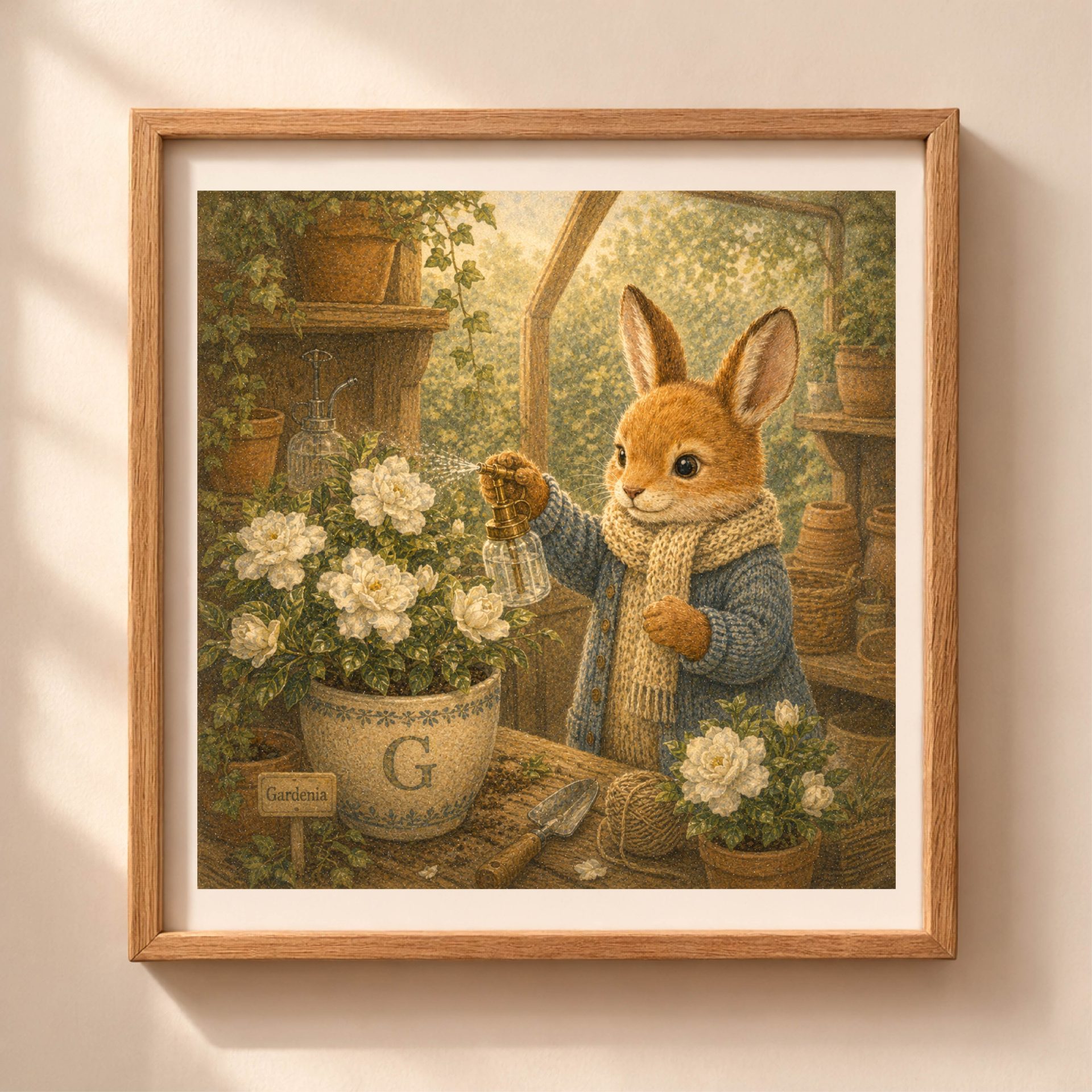 Woodland G Monogram Bunny Printable Wall Art 1 Woodland G monogram bunny printable wall art with gardenia flowers in greenhouse cottagecore nursery decor