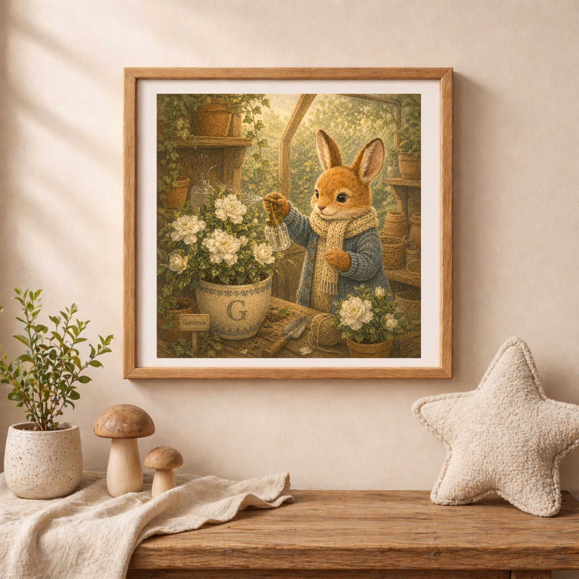 Woodland G Monogram Bunny Printable Wall Art 5 Neutral woodland nursery wall art with bunny and white gardenia flowers printable decor