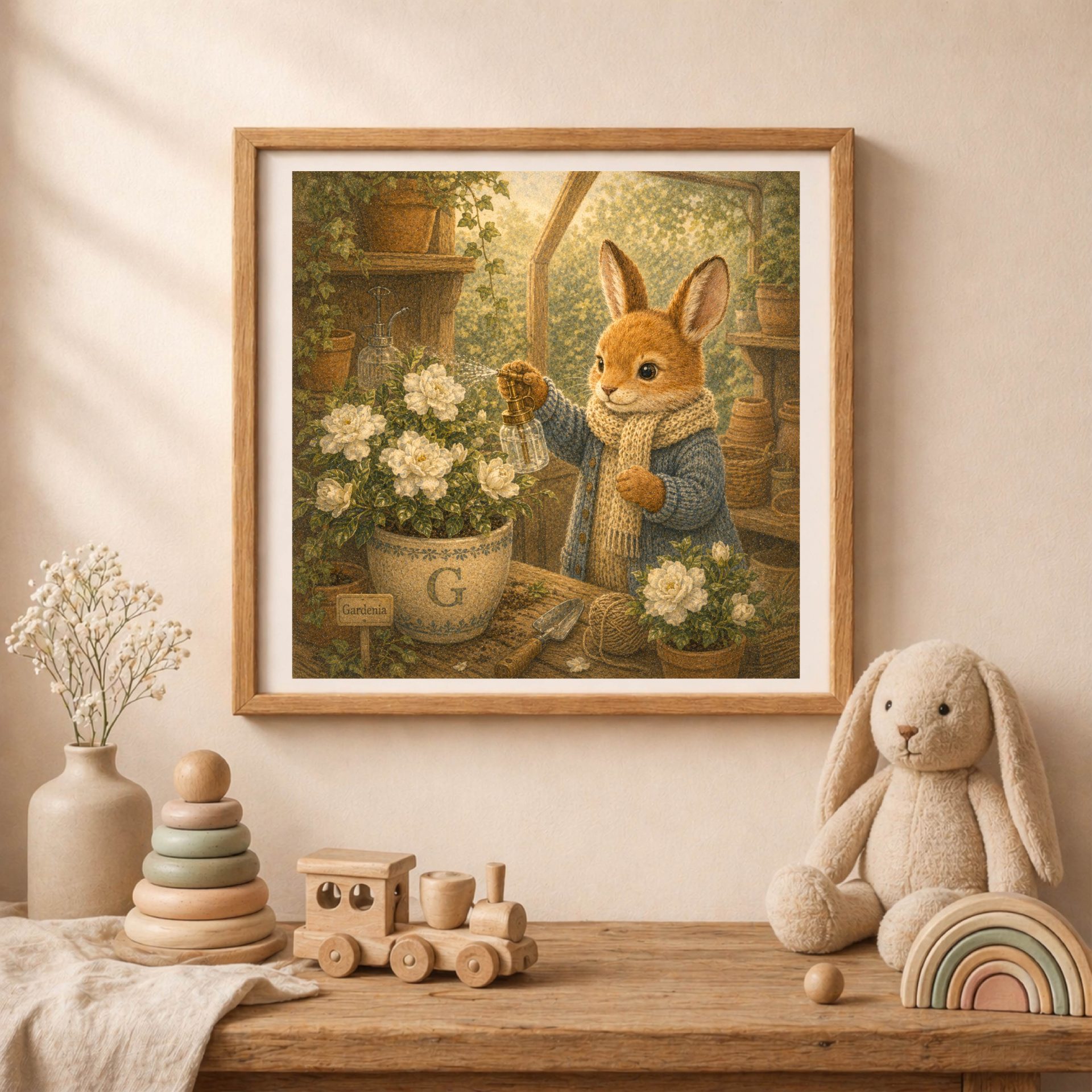 Woodland G Monogram Bunny Printable Wall Art 2 Woodland bunny monogram nursery wall art with gardenia flowers in cozy baby room interior