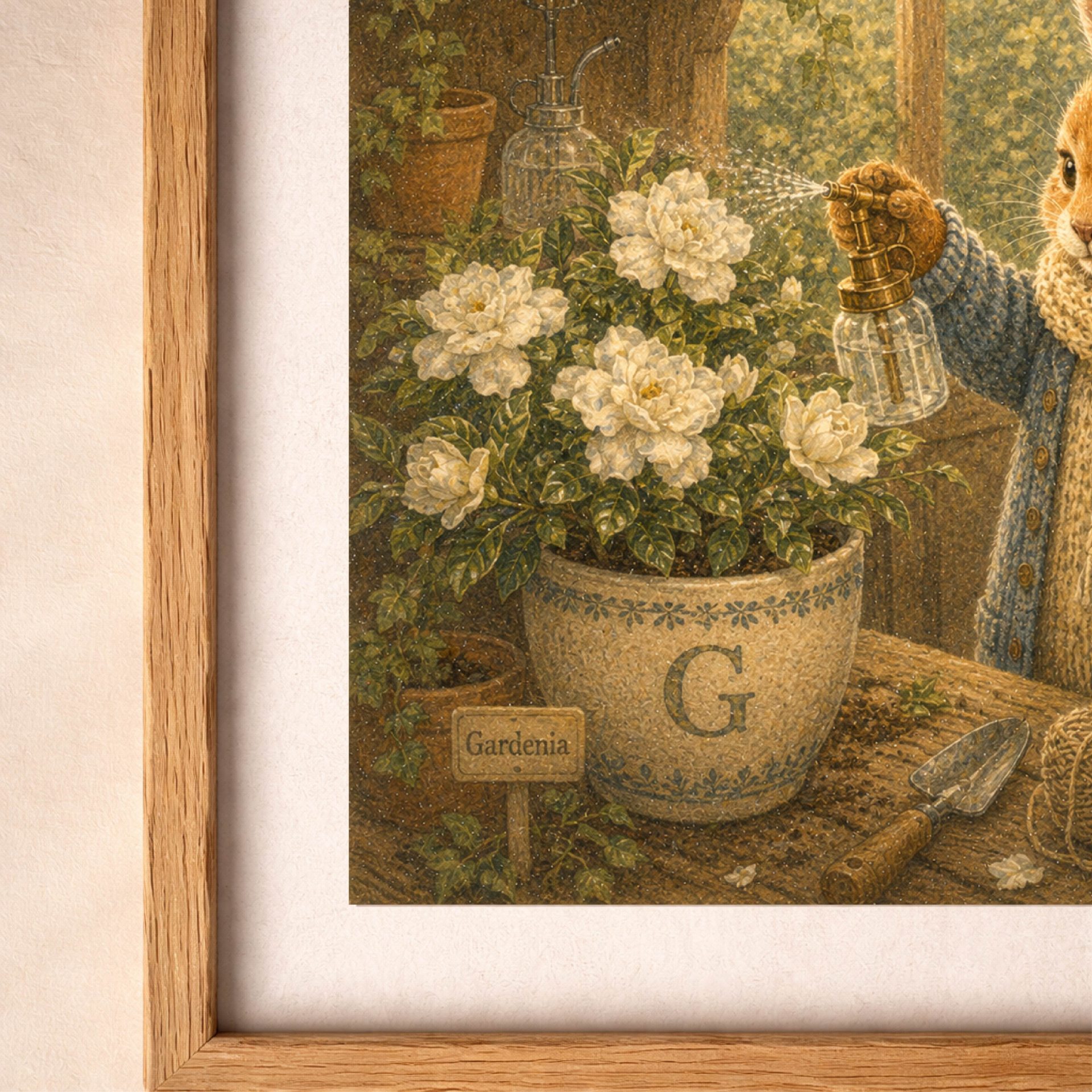 Woodland G Monogram Bunny Printable Wall Art 7 Close up detail of woodland bunny monogram wall art with white gardenia flowers and letter G