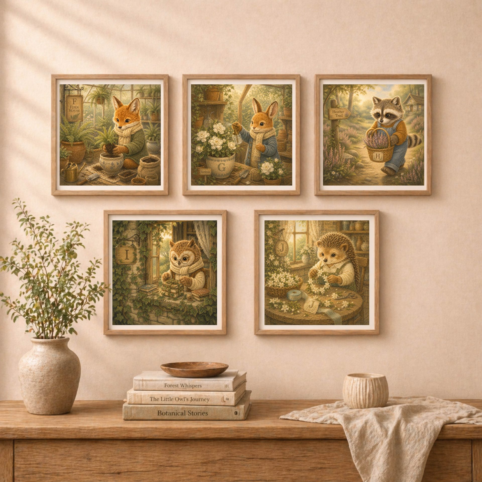 Woodland G Monogram Bunny Printable Wall Art 9 Quiet Woodland monogram printable wall art collection with bunny fox owl raccoon and hedgehog illustrations