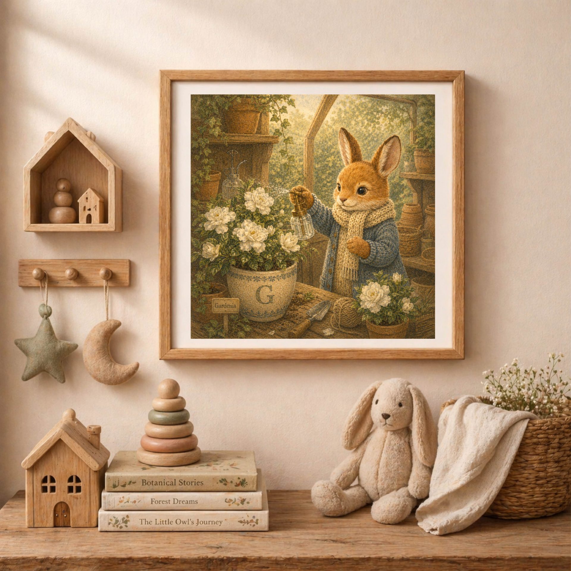 Woodland G Monogram Bunny Printable Wall Art 4 Woodland bunny monogram printable wall art in cozy neutral baby room decor