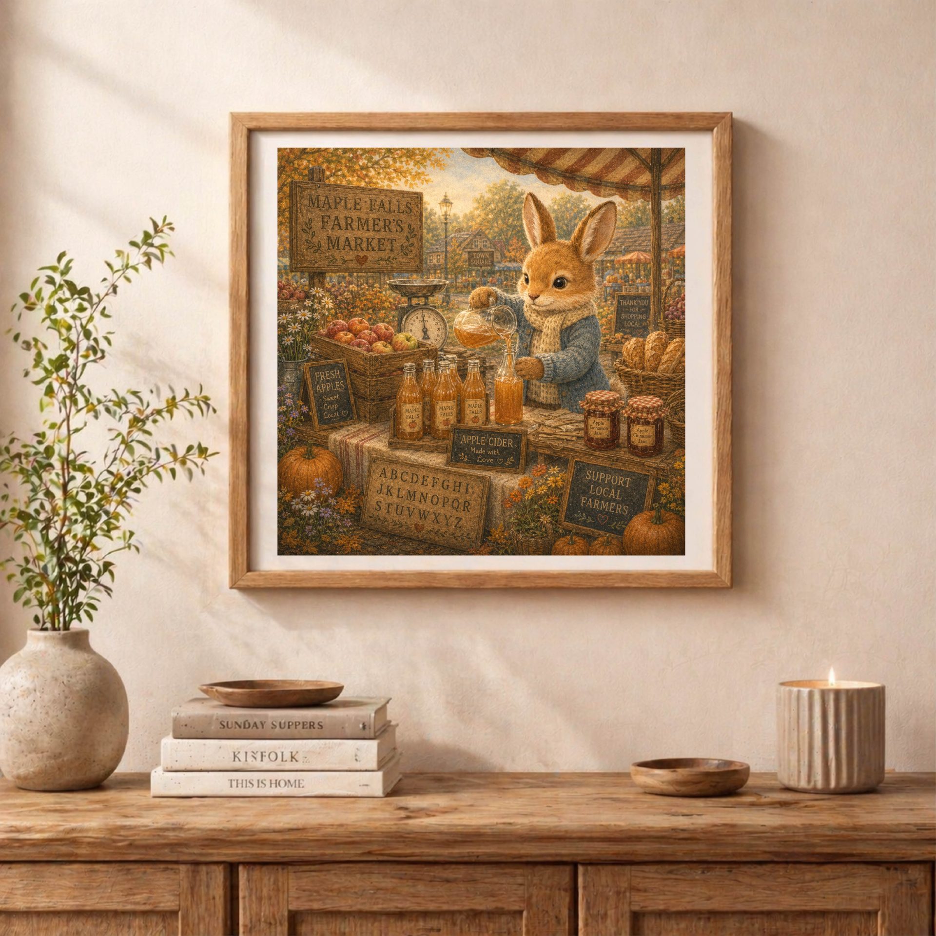 Cottagecore woodland rabbit printable alphabet wall art in rustic home interior