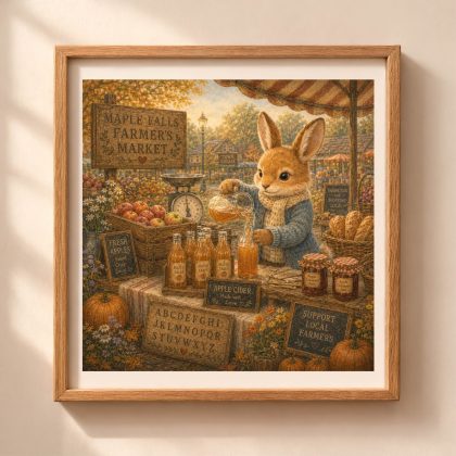 Woodland rabbit farmer market alphabet printable wall art in cozy American autumn market