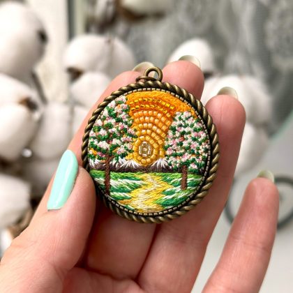 Golden Land, landscape embroidery pendant
