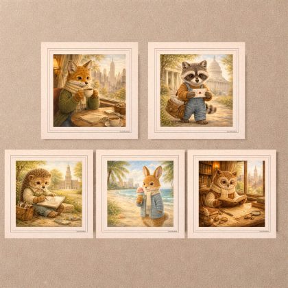 Woodland USA Travel Printable Postcards set featuring fox in New York, owl in Boston, hedgehog in Philadelphia, raccoon in Washington and rabbit in Miami