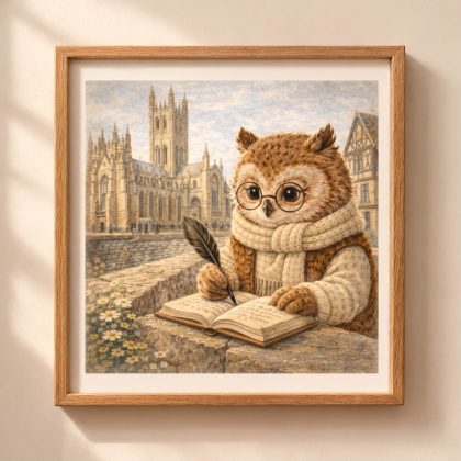 Woodland Owl Canterbury wall art printable featuring owl writing beside Canterbury Cathedral