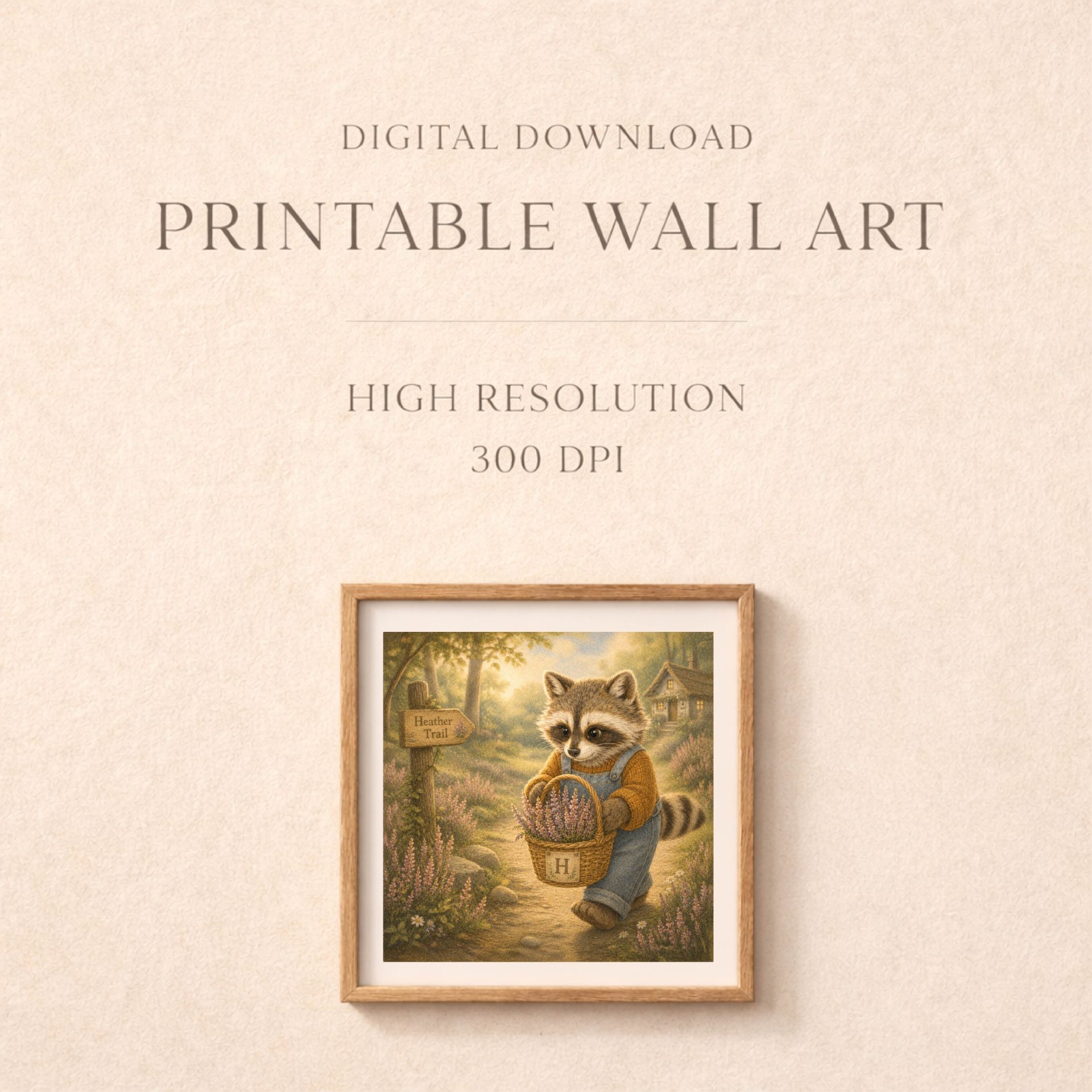 Woodland H Monogram Raccoon Printable Wall Art 8 Printable wall art digital download for woodland raccoon monogram nursery decor