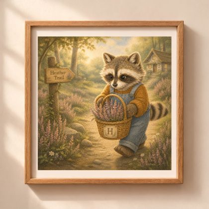 Woodland H monogram raccoon printable wall art carrying heather flowers on a forest trail