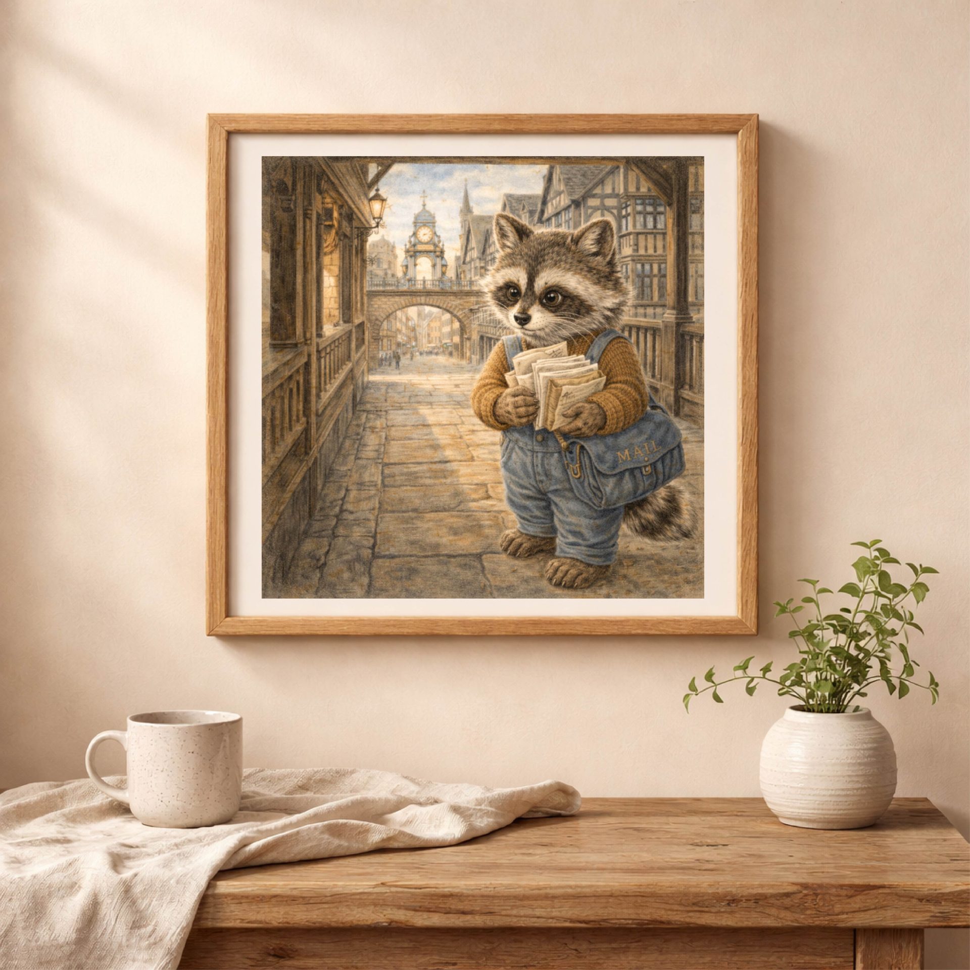 Woodland UK Travel Wall Art Set Printable Decor 3 Raccoon Chester printable wall art carrying letters in historic Chester