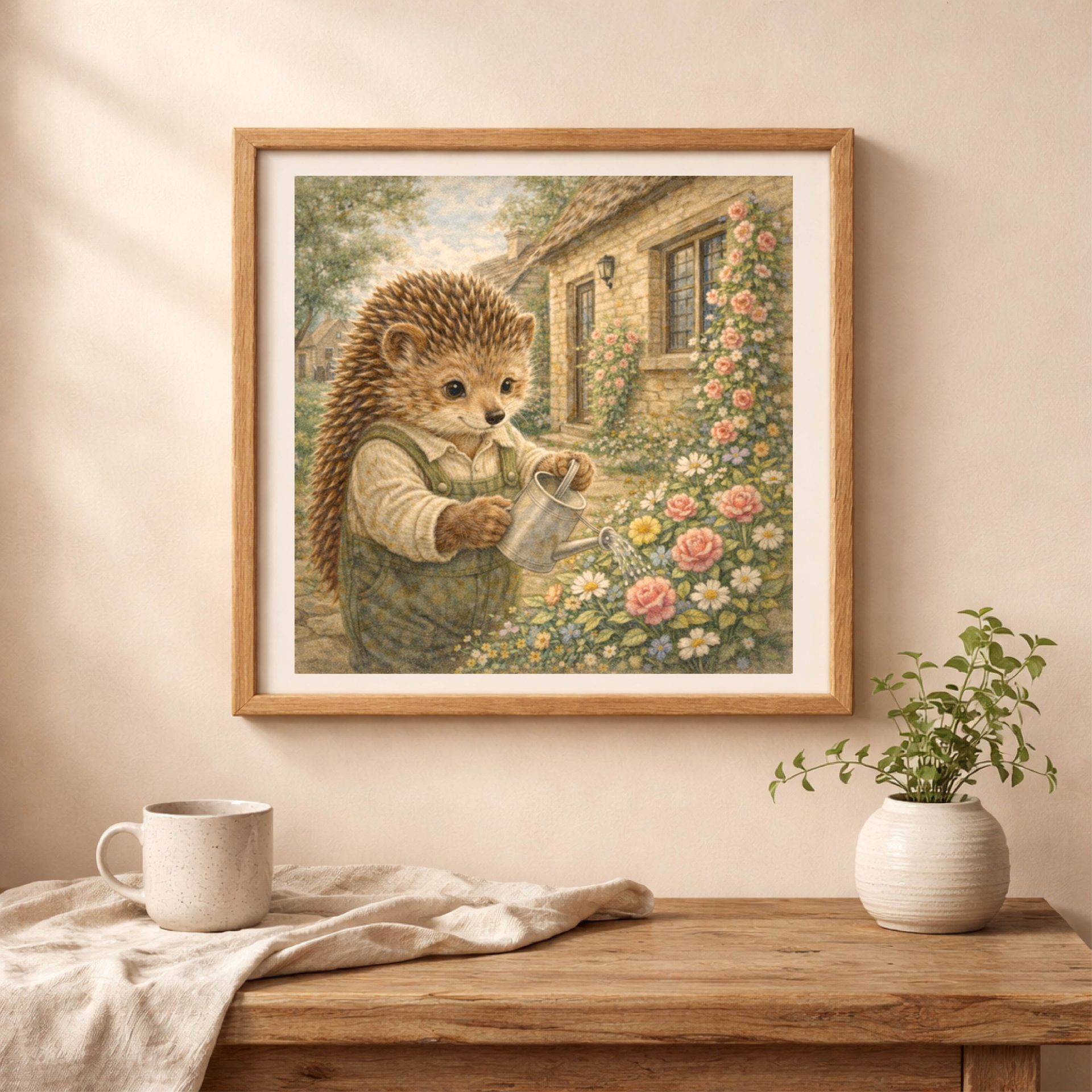 Woodland UK Travel Wall Art Set Printable Decor 5 Woodland Hedgehog Cotswolds wall art watering flowers beside stone cottage