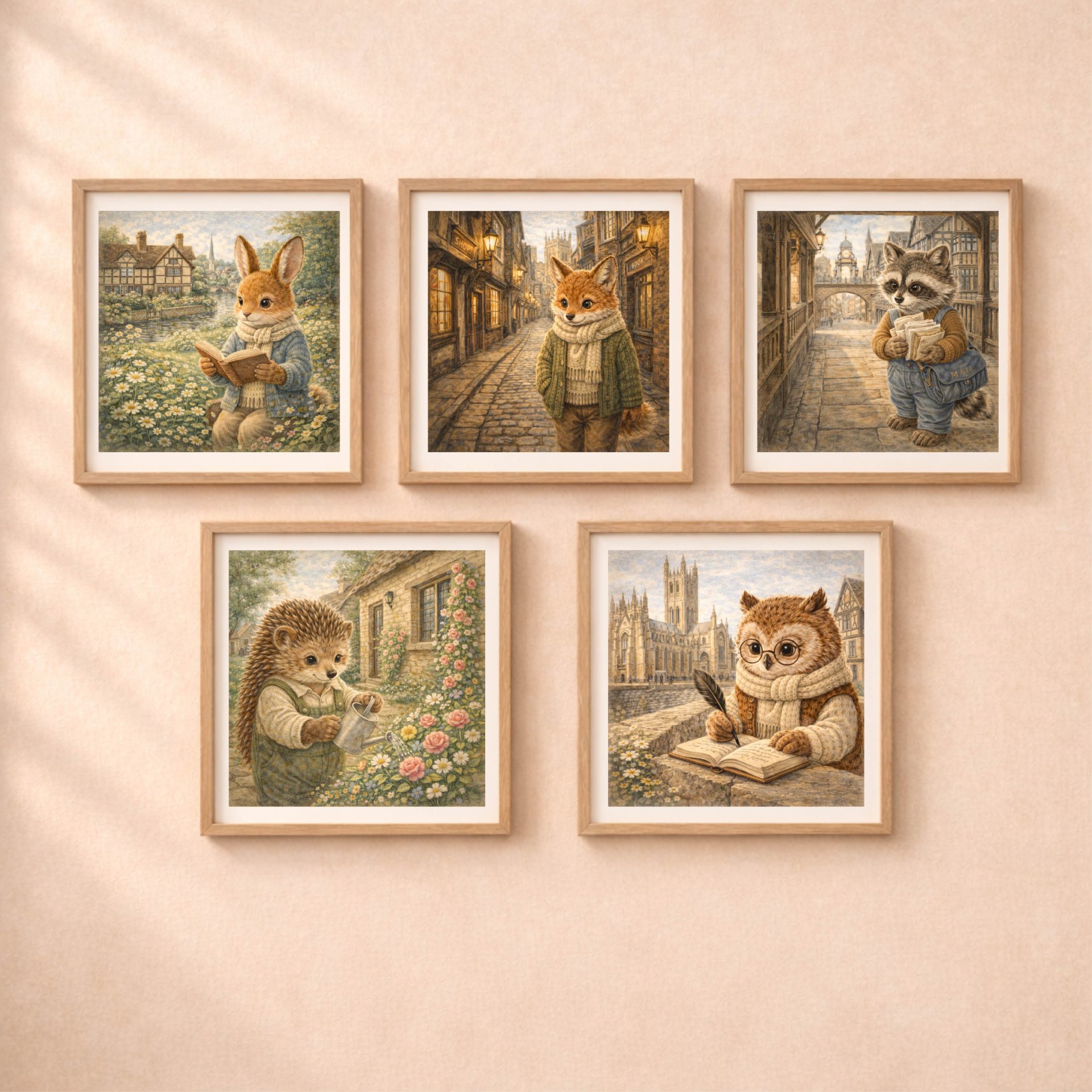 Woodland UK Travel Wall Art Set Printable Decor 1 Woodland UK travel wall art set featuring fox in York, raccoon in Chester, rabbit in Stratford-upon-Avon, hedgehog in Cotswolds and owl in Canterbury