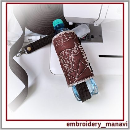 Taurus Reliability ITH bottle holder design with geometric bull motif, one hooping, video instruction, instant download by Embroidery Manavi 05.