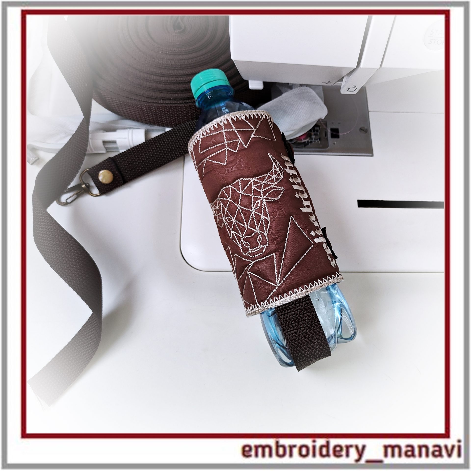 Taurus Reliability Bottle Holder ITH Embroidery Design 1 Taurus Reliability ITH bottle holder design with geometric bull motif, one hooping, video instruction, instant download by Embroidery Manavi 05.