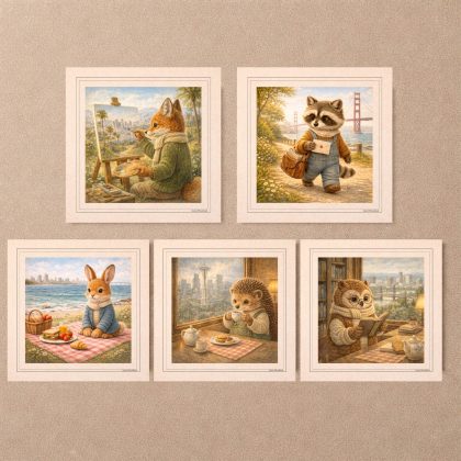 Woodland USA Travel Printable Postcards featuring fox in Los Angeles, raccoon in San Francisco, rabbit in San Diego, hedgehog in Seattle and owl in Portland
