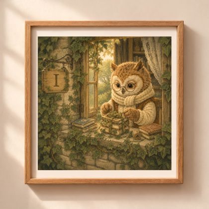 Woodland I monogram owl printable wall art with ivy covered cottage window and vintage books