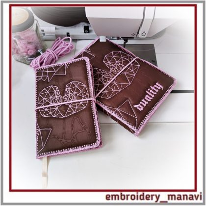 Twins in the hoop quilted notebook cover design with geometric symbol, two sizes, one hooping, elastic closure opening, step by step instruction.