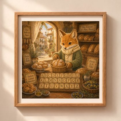 Spanish Woodland Alphabet Wall Art featuring a fox bakery owner in a traditional Spanish village bakery with the complete Spanish alphabet including Ñ