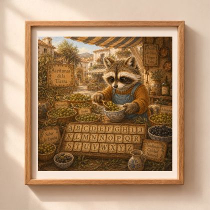 Spanish Woodland Alphabet raccoon olive market merchant printable wall art featuring traditional Spanish olives and complete alphabet with Ñ
