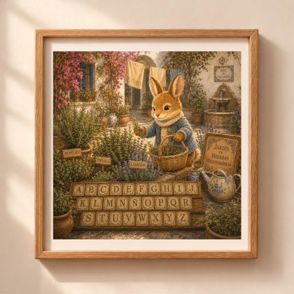 Spanish Woodland Alphabet rabbit Mediterranean herb gardener printable wall art with rosemary lavender thyme and Spanish alphabet including Ñ