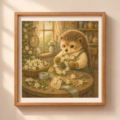Woodland J monogram hedgehog printable wall art creating a jasmine flower wreath in a cottage workshop
