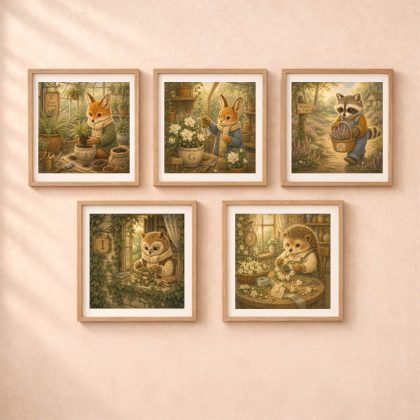 Woodland monogram wall art set featuring fox bunny raccoon owl and hedgehog printable nursery decor