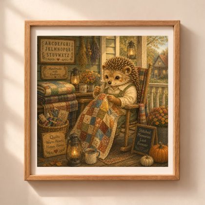 American Woodland Alphabet hedgehog quilt maker printable wall art featuring a woodland hedgehog sewing a patchwork quilt on a cozy farmhouse porch
