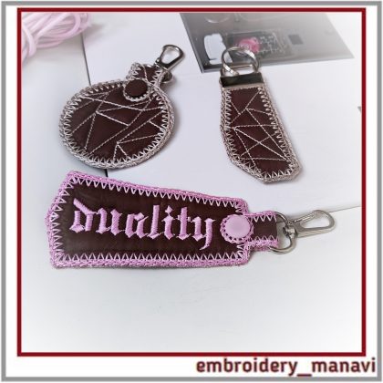 Twins ITH key fob set with three quilted patterns, one hoop construction, step by step instruction, instant download by Embroidery Manavi 05.