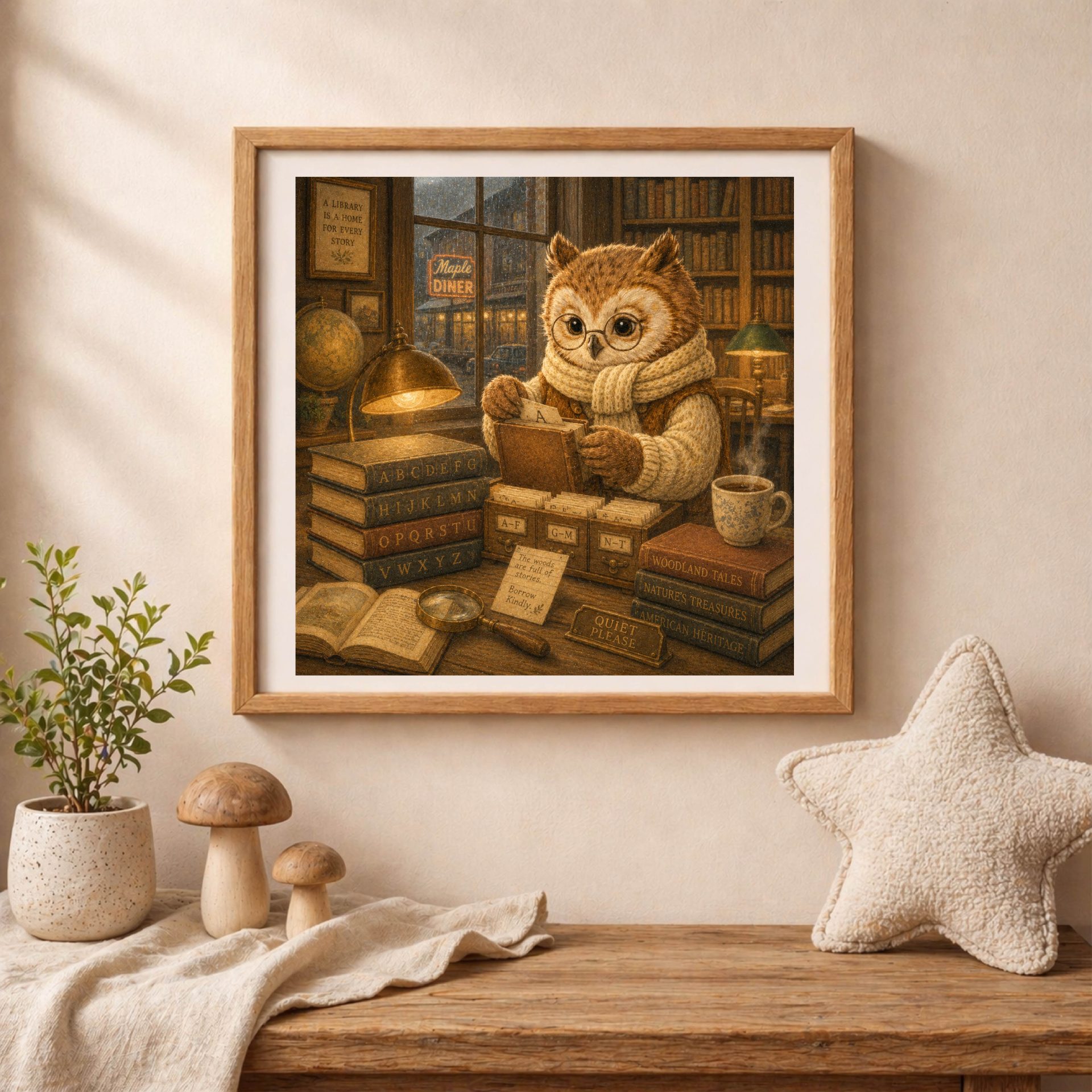 American Woodland Alphabet Owl Librarian Printable Art 4 Woodland owl librarian alphabet printable displayed in a nursery and playroom setting